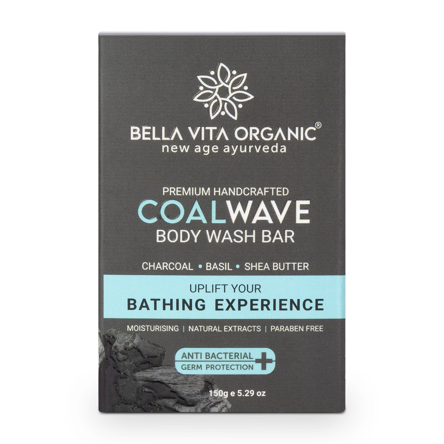 CoalWave Body Wash Bar Bath Soap With Charcoal, Basil &amp; Shea Butter, 150 gm