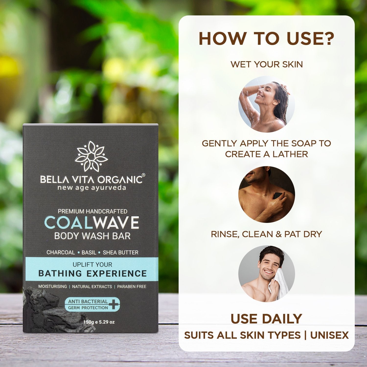 How to use CoalWave Body Wash Bar Bath Soap With Charcoal, Basil &amp; Shea Butter, 150 gm